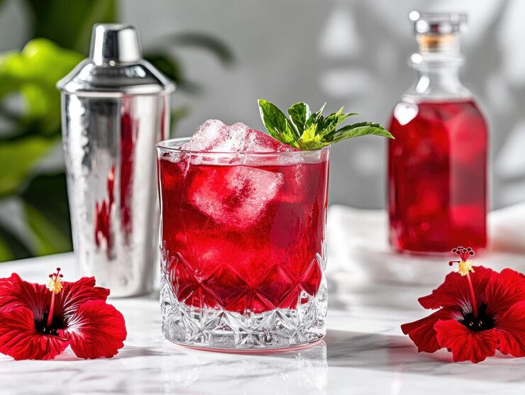 Refrescante cóctel rojo con flores de hibisco
