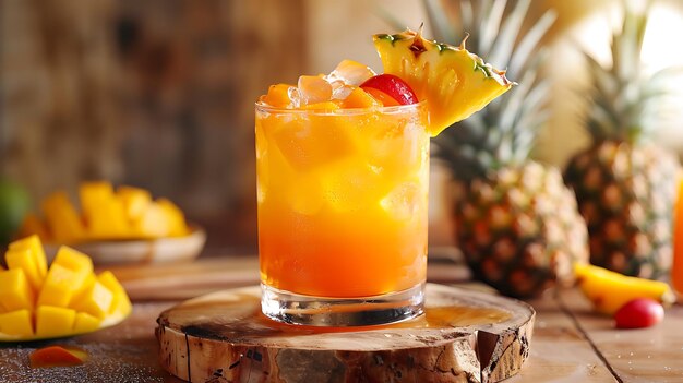 Refrescante cóctel tropical con mango de piña y jugo de naranja adornado con una cuña de piña Y una cereza