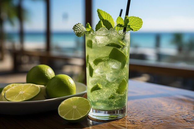 Refrescante cóctel verde menta con hielo picado