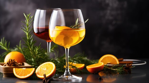 Refrescante cóctel de vino de naranja en una copa sobre un fondo de mesa gris perfecto para el bar de verano