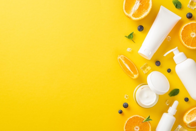 Foto refrescante concepto de cuidado de la piel de verano vista superior colocación plana de botellas de crema de maquillaje frascos de pipeta de suero con hojas de menta naranja en fondo amarillo brillante con espacio vacío para texto o anuncio