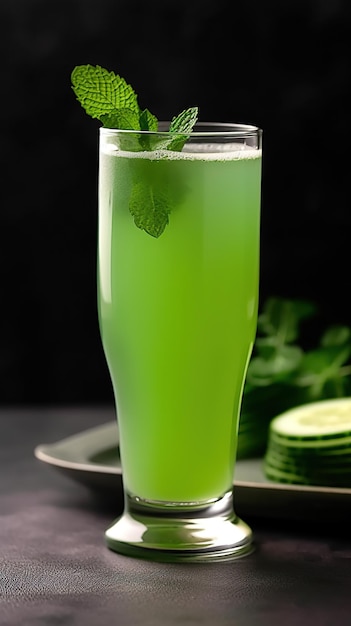 Refrescante copa Green Oasis de refrescante jugo de pepino y menta, servida con una explosión de frescura, un refrescante refrescante para el verano