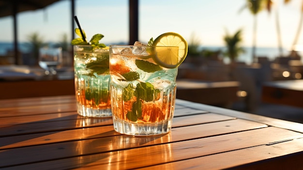 Refrescante coquetel na mesa de madeira no bar ao ar livre durante o verão