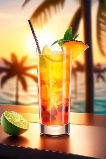 Foto refrescante coquetel tropical de frutas exóticas em um resort de praia ao pôr-do-sol illustartion hd fotorrealista
