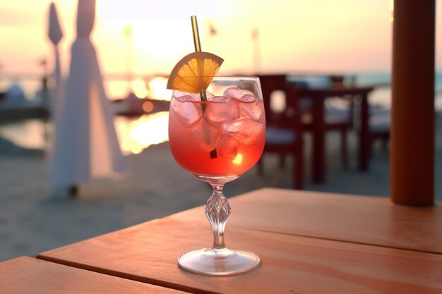 Refrescante coquetel vermelho ao lado do mar morango praia de verão e férias