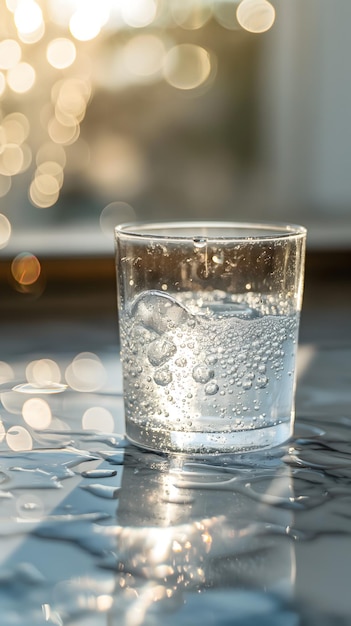 Una refrescante corriente de agua cristalina se vierte en un vaso