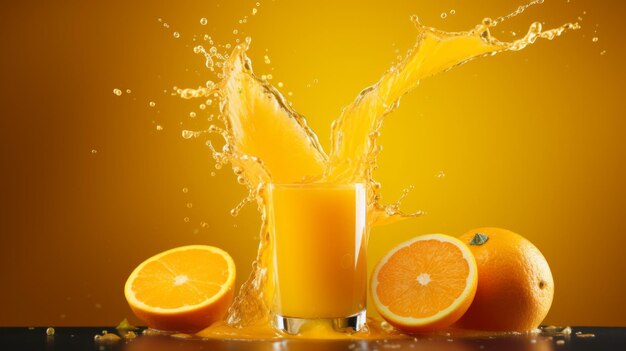 Foto el refrescante deleite de los cítricos capturando el vibrante chasquido de jugo de naranja recién vertido en un impresionante 1