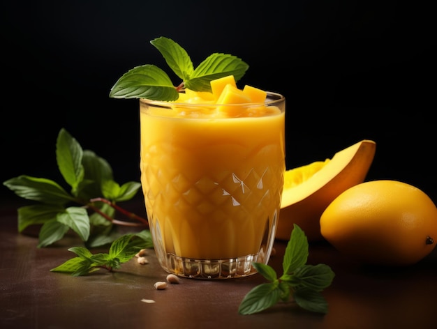 Refrescante delicioso tropical perfecto batido de mango servido con rebanadas de mango fresco