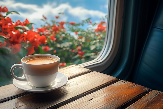 Refrescante descanso en la naturaleza Taza de café en una mesa de madera al aire libre.