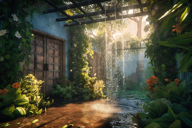 Una refrescante ducha al aire libre rodeada de vegetación con la luz del sol atravesando y las gotas de agua brillando