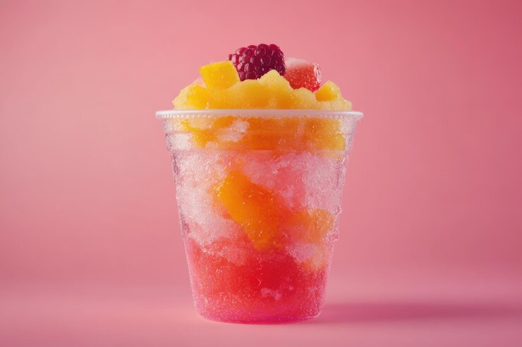 Refrescante dulce de frutas en taza desechable sobre un fondo rosado