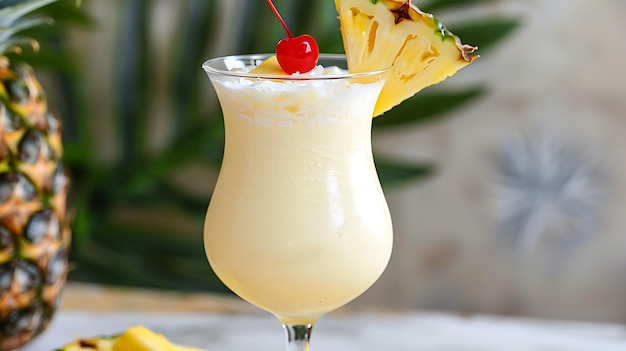 Refrescante e delicioso coquetel de pina colada adornado com fatias de abacaxi e cereja em copo alto com fundo desfocado