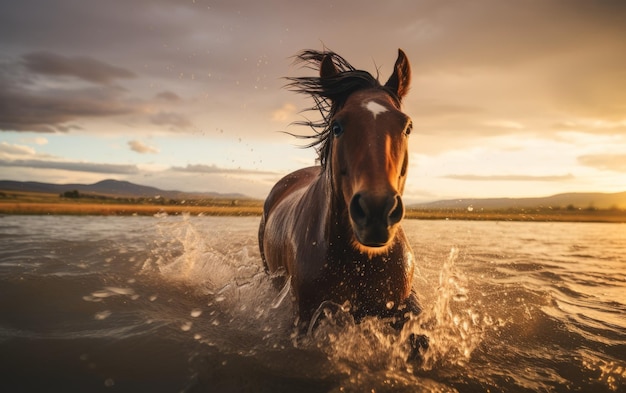 Refrescante escape de un baño de caballos en un charco al aire libre