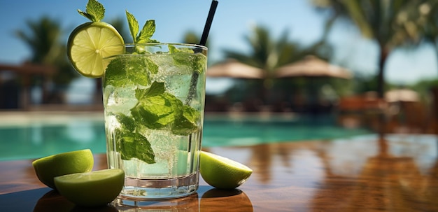 Refrescante fondo de piscina de mojito con espacio de copia tiempo de vacaciones bebidas no alcohólicas generadas por IA