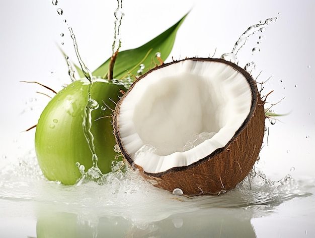 Refrescante jugo de coco joven sobre blanco