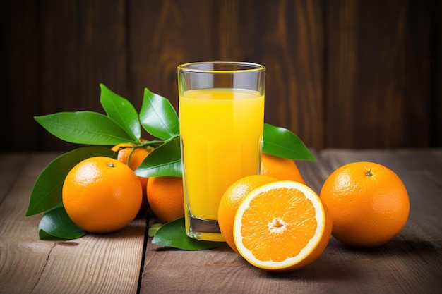 Refrescante jugo de naranja en vaso con naranjas frescas sobre fondo rústico generado por IA