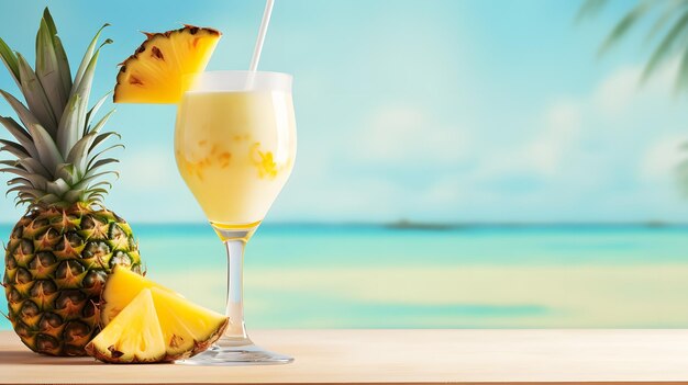 Refrescante jugo de piña en un vaso sobre una mesa Imagen de archivo para bebida tropical