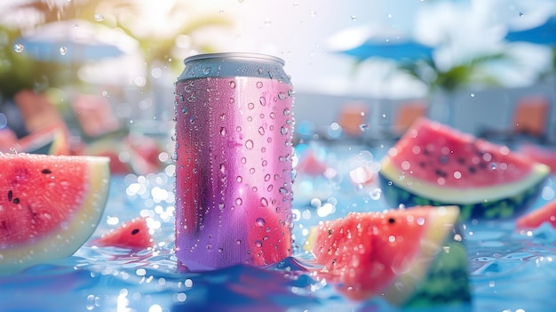 Refrescante lata de bebida de verano con gotas de agua a la orilla de la piscina y rebanadas de sandía perfectas