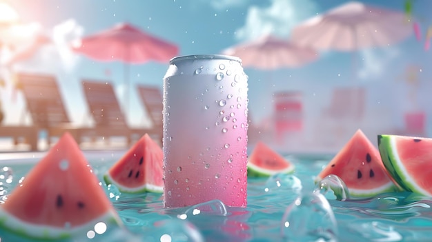 Foto refrescante lata de bebida de verão com gotas de água à beira da piscina e fatias de melancia perfeitas