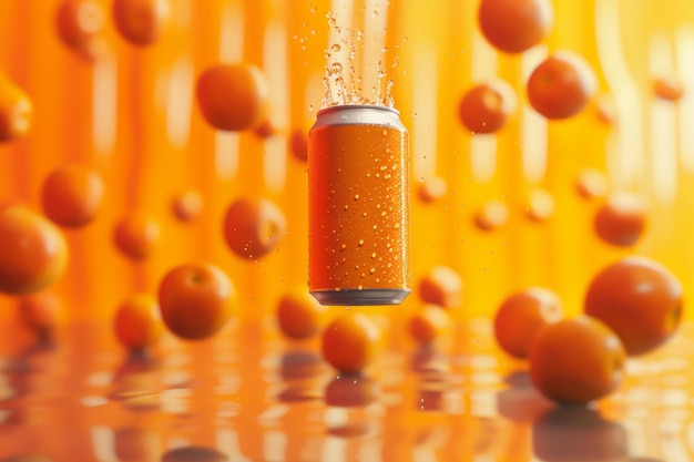 Foto refrescante lata de refresco de naranja en blanco con gotas entre naranjas frescas produkt mockup publicidad