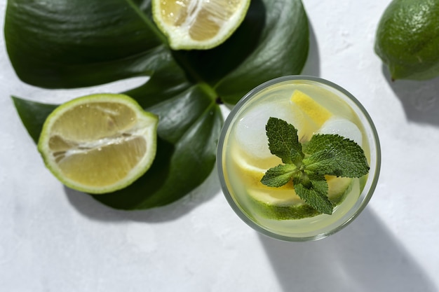 Refrescante limonada de cristal casera con hielo y menta a la luz del sol