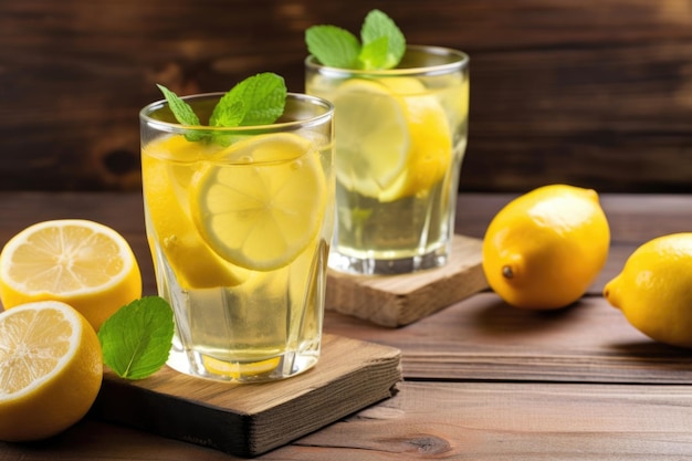 Refrescante limonada de verão em vidro na mesa de madeira criada com generative ai