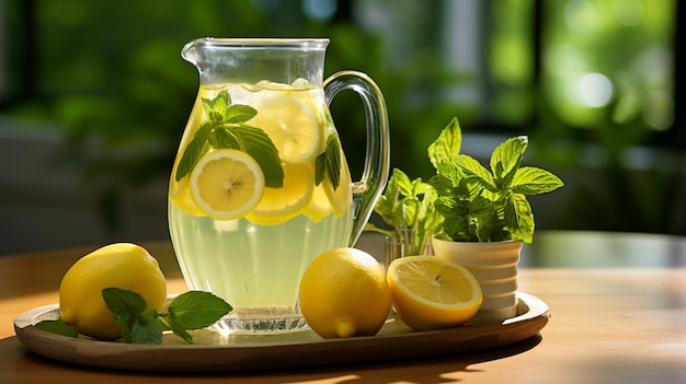 Una refrescante limonada con infusión de albahaca servida en una jarra de vidrio adornada con rebanadas de limón y albahaca