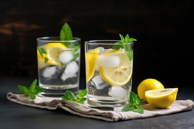 Refrescante limonada de verano con limones en rodajas y cubitos de hielo creados con ai generativo