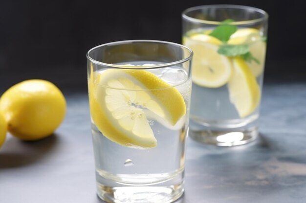 Refrescante limonada de verano con una rebanada de limón fresco y cubitos de hielo creados con AI generativa