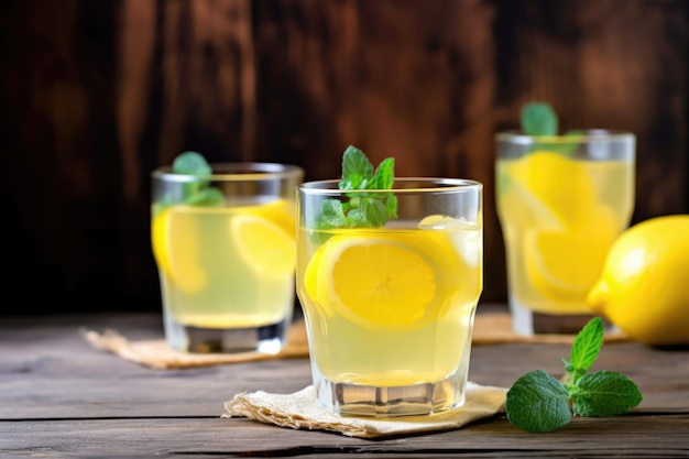 Refrescante limonada de verano en vidrio sobre mesa de madera creada con ai generativo