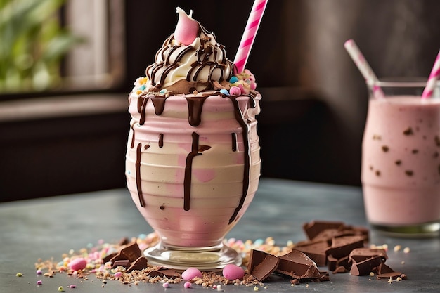 Refrescante milkshake de sorvete napolitano com palha e chocolate