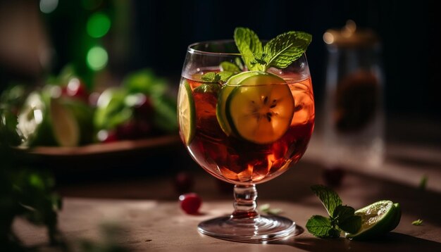 Un refrescante mojito con lima menta y cubitos de hielo generado por IA