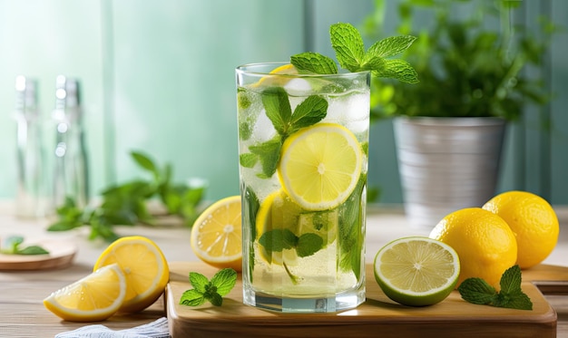 Foto refrescante mojito en un vaso bebida de verano perfecta con limas picantes y hojas de menta frescas