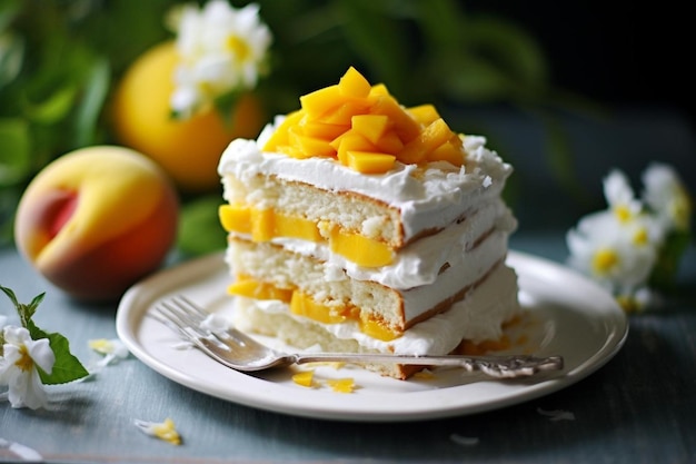 Refrescante pastel de coco de mango con glaseado de crema de coco