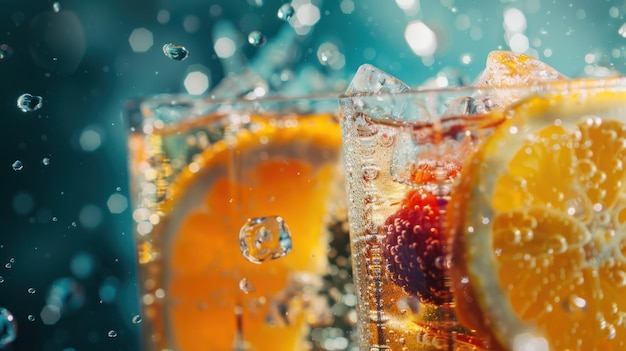 Refrescante rebanada de naranja en agua con gas CloseUp Closeup de una rebanada vibrante de naranya en un vaso de agua con gas con burbujas que la rodean en un fondo azul