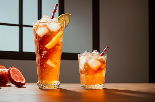 Refrescante refresco en vaso Cóctel de frutas con hielo IA generativa