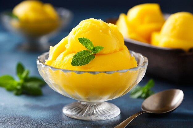 Foto un refrescante sorbete de mango en un cuenco