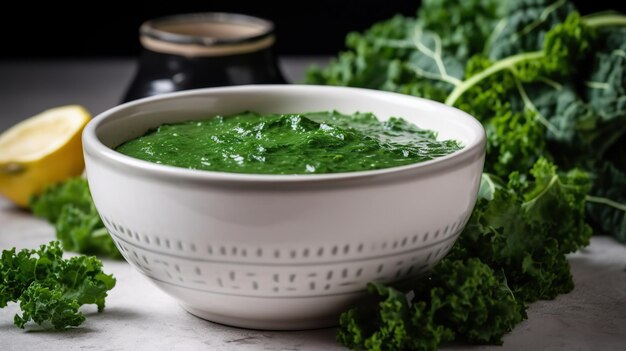 Foto refrescante splash cuenco blanco adornado con una vibrante salpicadura de jugo verde vigorizante complementado por una dispersión de hojas de menta frescas que ofrecen un deleite visual rejuvenecedor y revitalizador