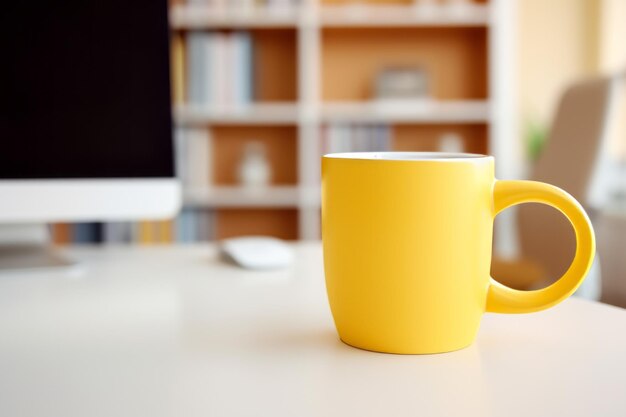 Foto refrescante taza de café blanca descansa en un escritorio organizado con una computadora portátil y una taza amarilla de cortesía