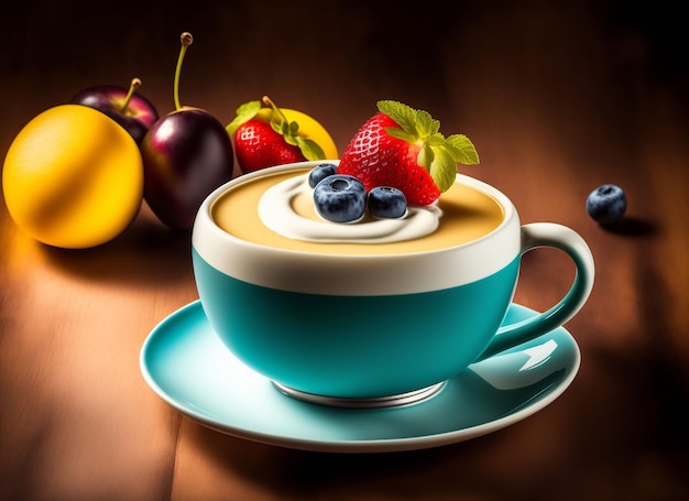 Refrescante taza de café frío con una guarnición de frutas frescas en un plato Obra de arte generada por Ai