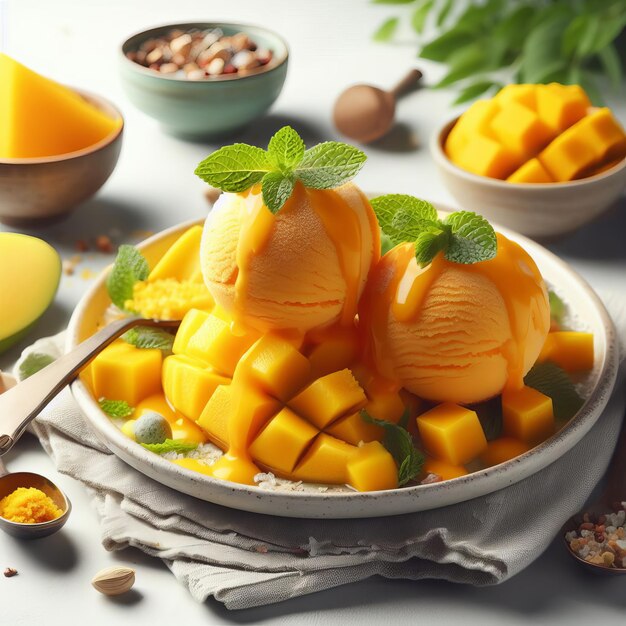 Un refrescante tazón de colorido helado de mango con hojas de menta y pedazos de mango