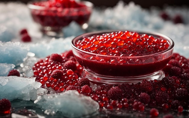 Un refrescante tazón de frambuesas con hielo frío