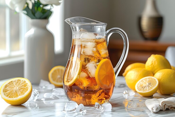 Refrescante té helado de limón en una jarra de vidrio con limones frescos