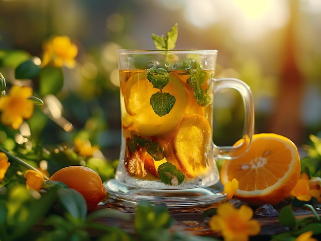 Refrescante té helado de menta de cítricos en un jardín