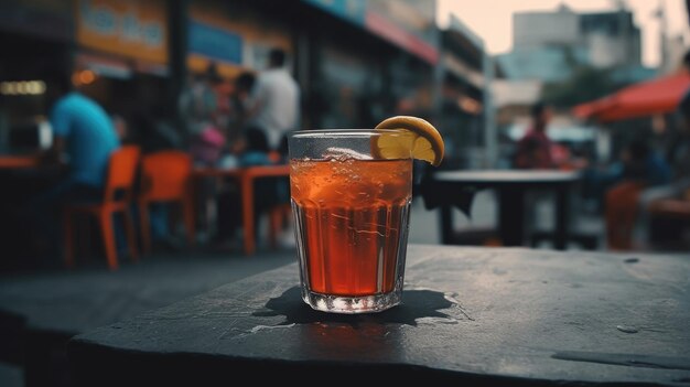 Refrescante té helado con rebanada de limón en una mesa al aire libre con un fondo borroso de personas socializando en la comida callejera