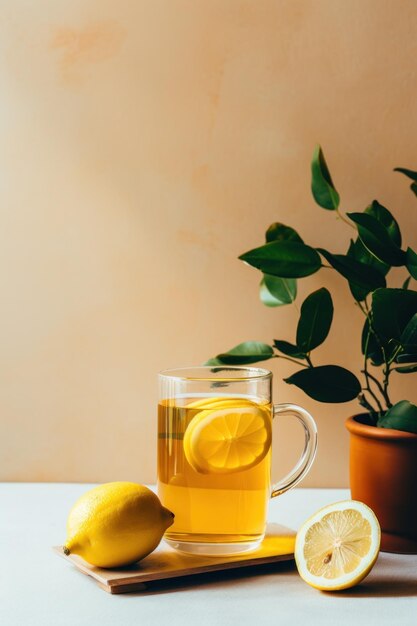 Refrescante té de limón en un vaso mínimo en la mesa generado por la IA