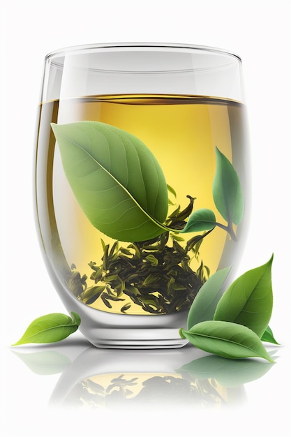 Refrescante té verde en un vaso transparente sobre fondo blanco.