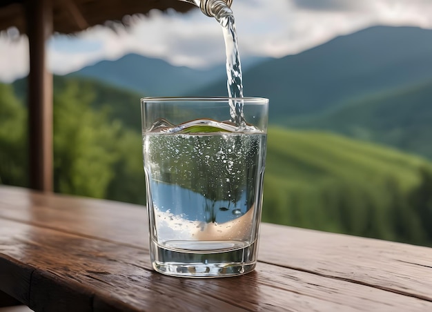 Un refrescante vaso de agua contra el telón de fondo de la naturaleza pura montañas y lago