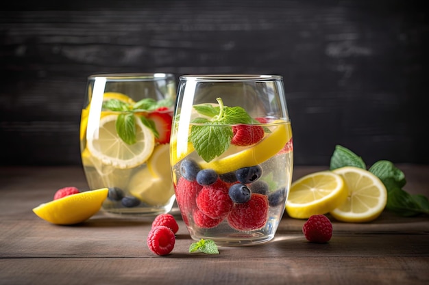 Refrescante vaso de agua con infusión de frutas con rodaja de limón o lima creado con ai generativo