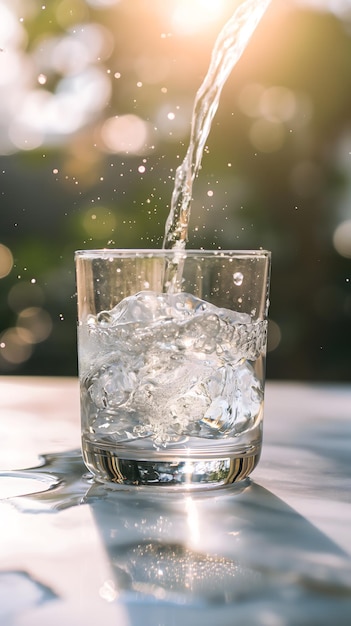 Un refrescante vaso de agua con el resplandor del sol